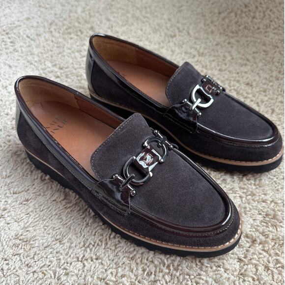 Donald Pliner Women's Clio Dark Brown Suede Patent Trim Loafers Size 7.5 M - Picture 1 of 9